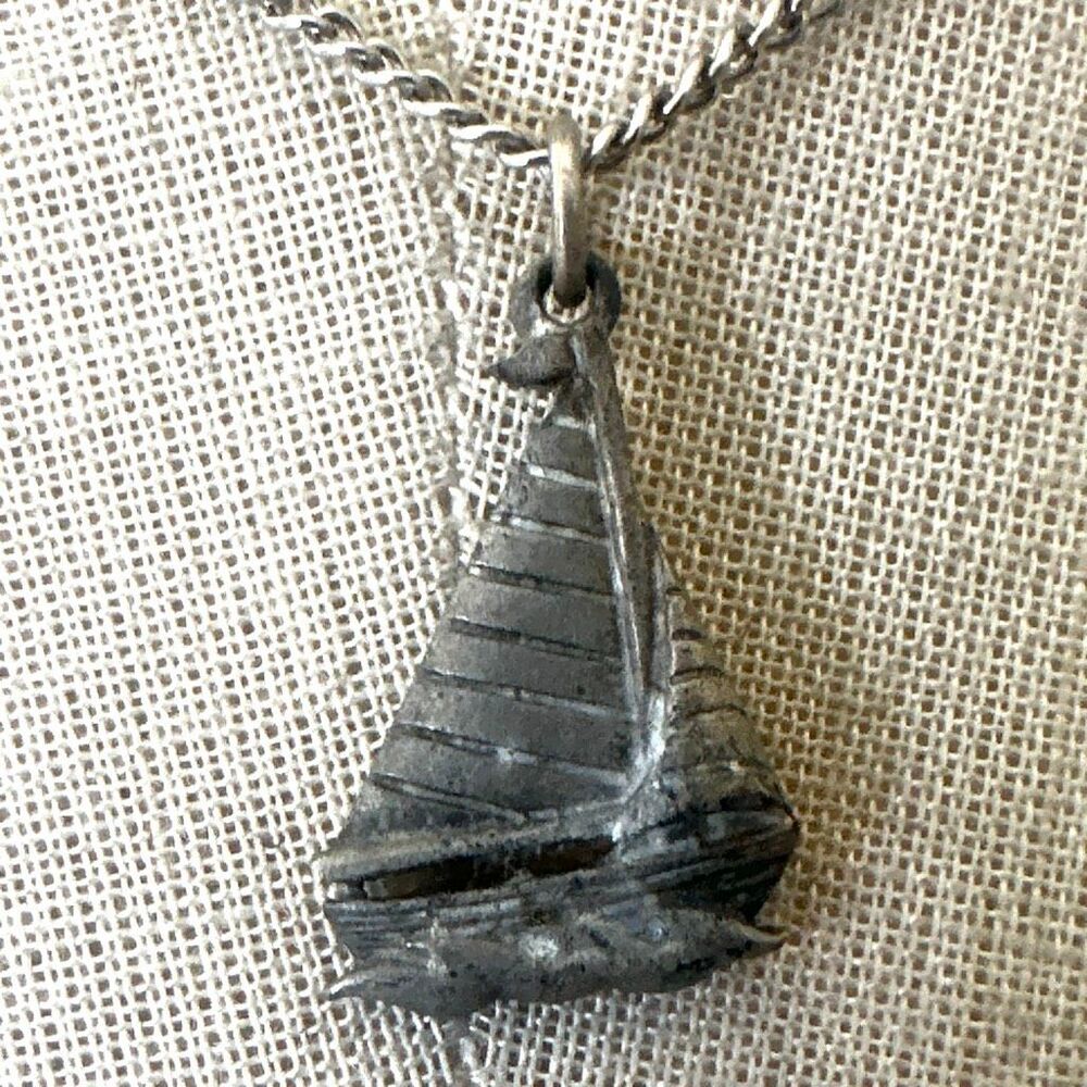 Vintage Pewter Sailboat Pendant Necklace